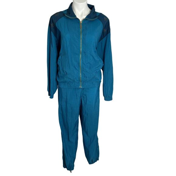 VTG Y2K Puma Tracksuit Womens Nylon Jacket Pant Set L Blue Retro Zip Up Hip Hop - Picture 1 of 16